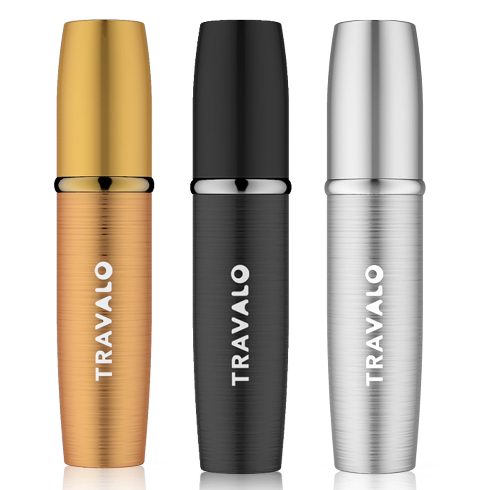 Travalo LUX Perfume Atomizer Bundle - Leak-Proof and TSA Approved for Air Travel - Reusable, Easy Fill Mini Pump Sprayer - Lightweight, Brushed Polished Metal - Gold, Black, Silver - 3 Pack