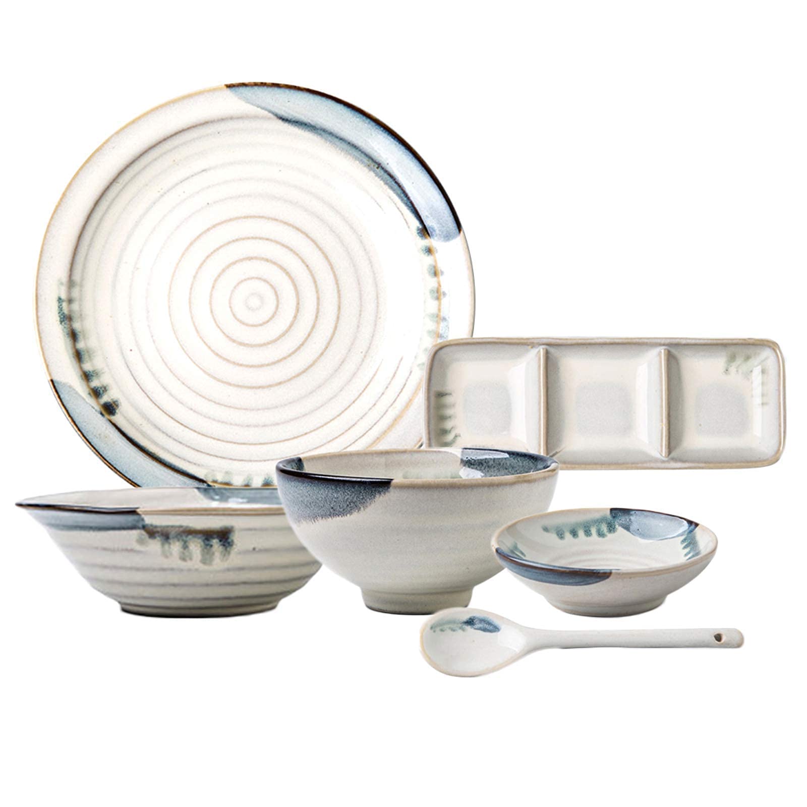 Vajilla de cerámica de 28 Piezas Estilo japonés | Platos de Carne y Cuencos de Cereales de Porcelana para restaurantes y reuniones Familiares