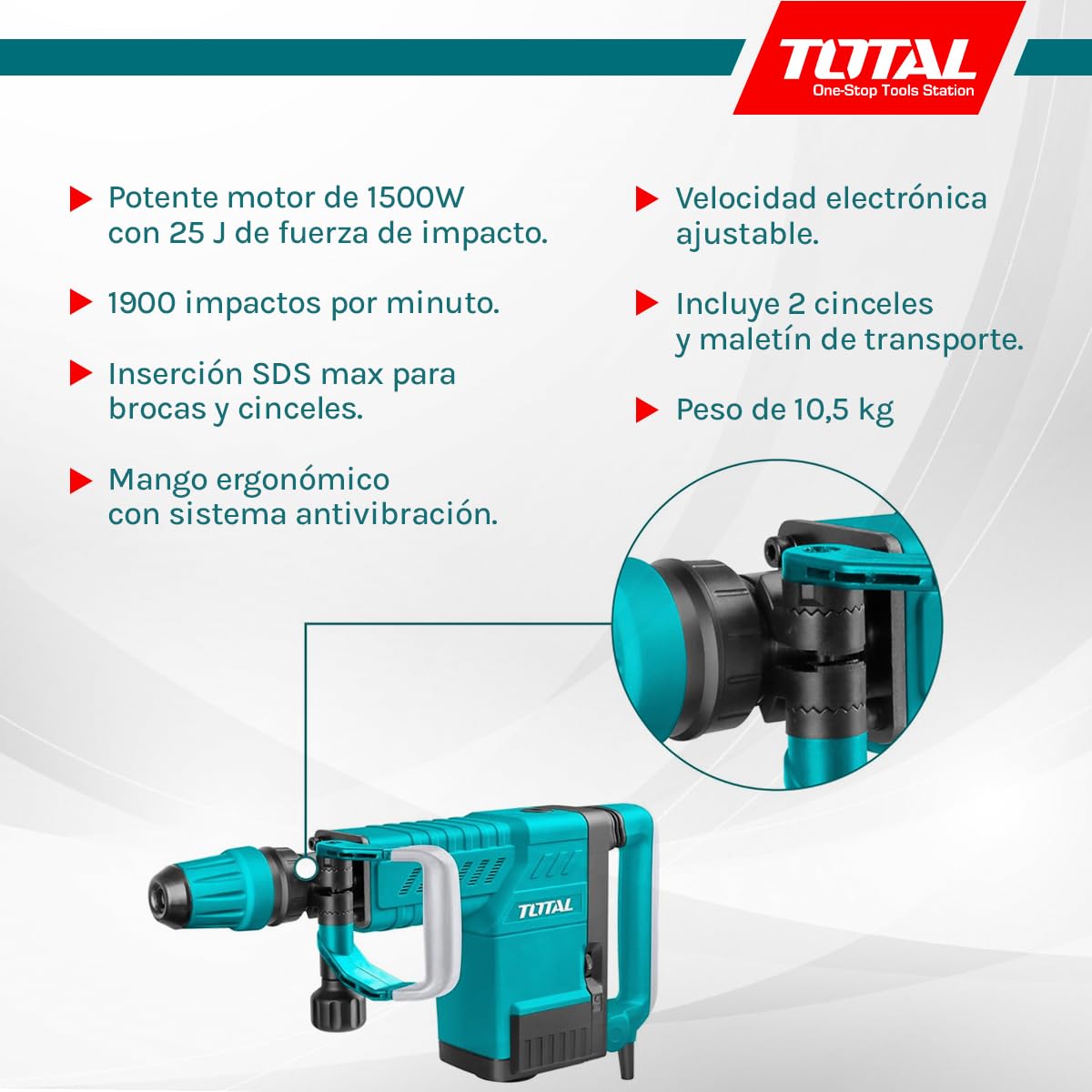 TOTAL - Martillo Picador Eléctrico - 1500W - 1900 Impactos/min - Sistema Antivibración y SDS max - Fuerza de 25 J de Impacto - Incluye 2 Cinceles y Maletín