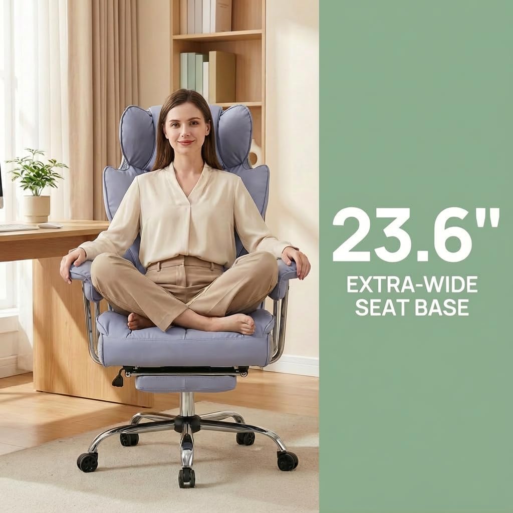 Big and Tall Office Chair 400lbs - Heavy Duty Executive Desk Chair with Footrest, High Back PU Leather Ergonomic Computer Chair with Extra Wide Seat & Thick Cushion for Home Office (Purple)