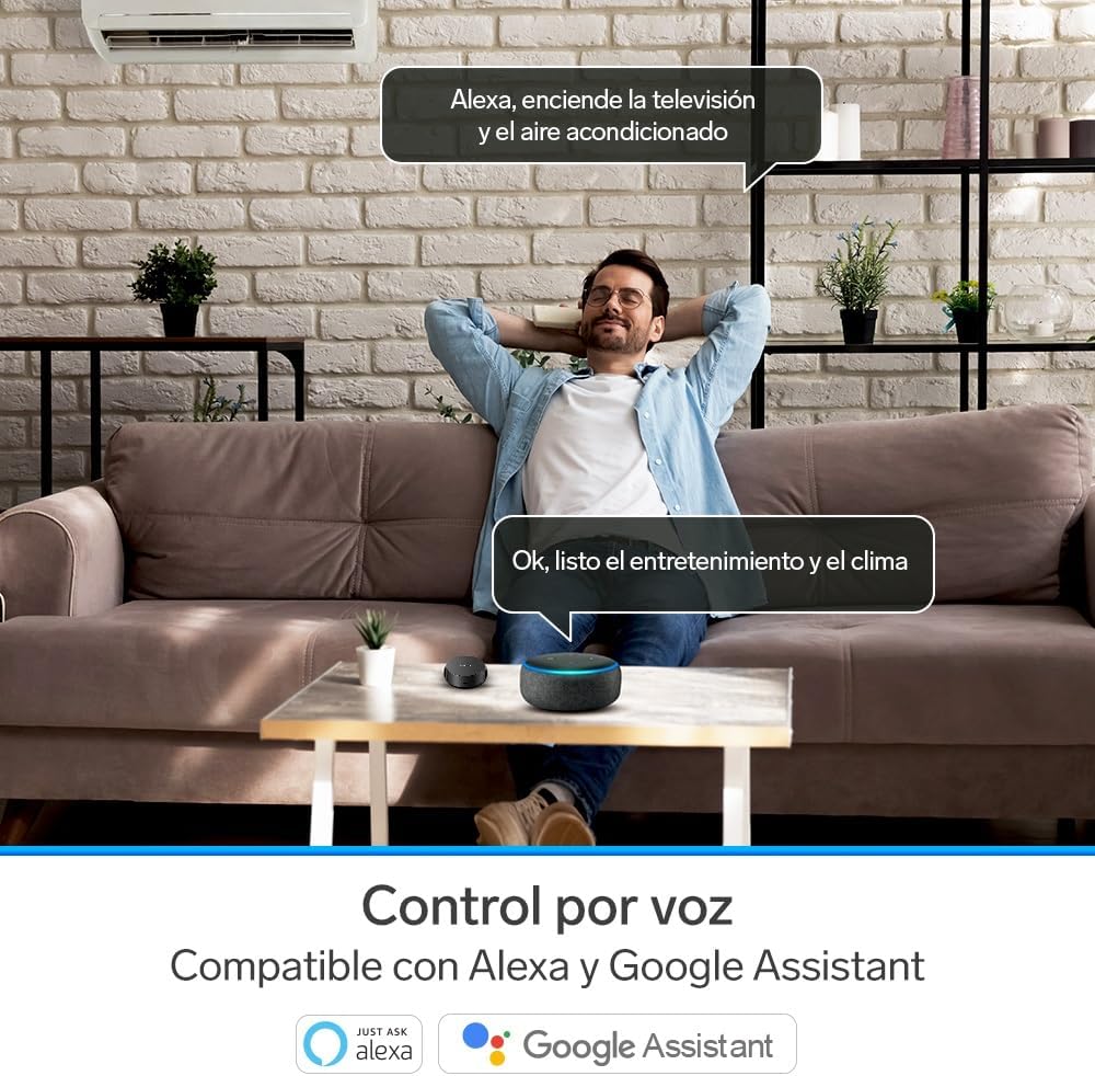 Man relaxing on a couch, using voice commands to control TV and AC via a smart speaker