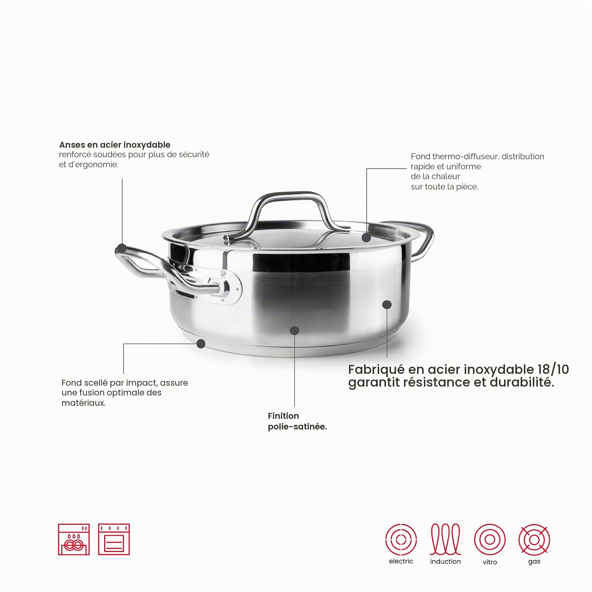 IBILI - Casserole avec couvercle inox Ebbe 24 cm, acier inoxydable 18/10, convient pour induction, Argent Métallique
