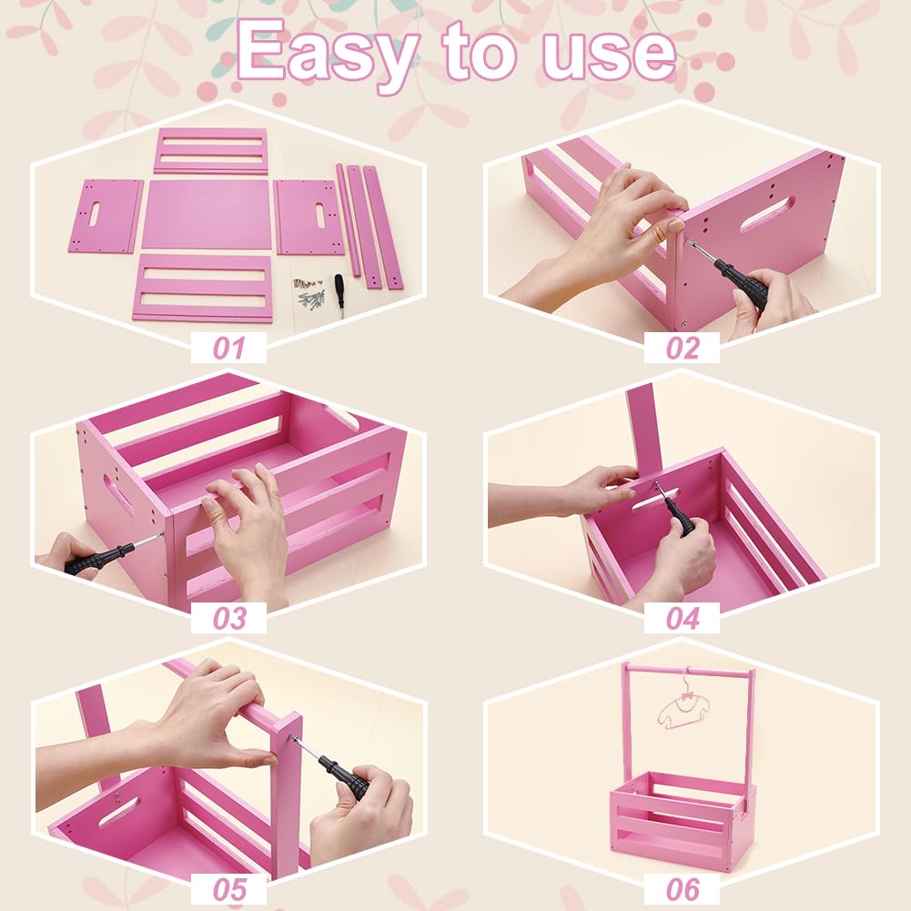 UNICRAFTALE Wooden Baby Shower Crate Closet Pink Baby Storage Crate Hamper Shower Party Basket with Handle with 8pcs Kids' Hanger Wood Hamper Welcome Babys Gifts for Pregnancy New Parents - Image 4