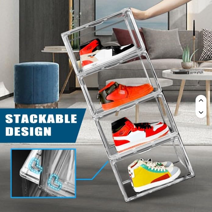 MISCONI USA NJDE 10 Pack Clear Acrylic Shoe Display Boxes – Stackable Sneaker Storage with Magnetic Door, Fits Shoes up to US Size 14