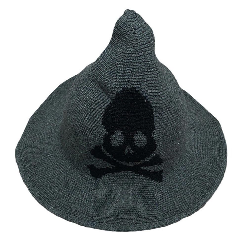 YAMEE Halloween Skull Witch Hat, Wool Knit Wizard Hat for Men & Women, Knitted Cap for Party Costume (Grey, M)