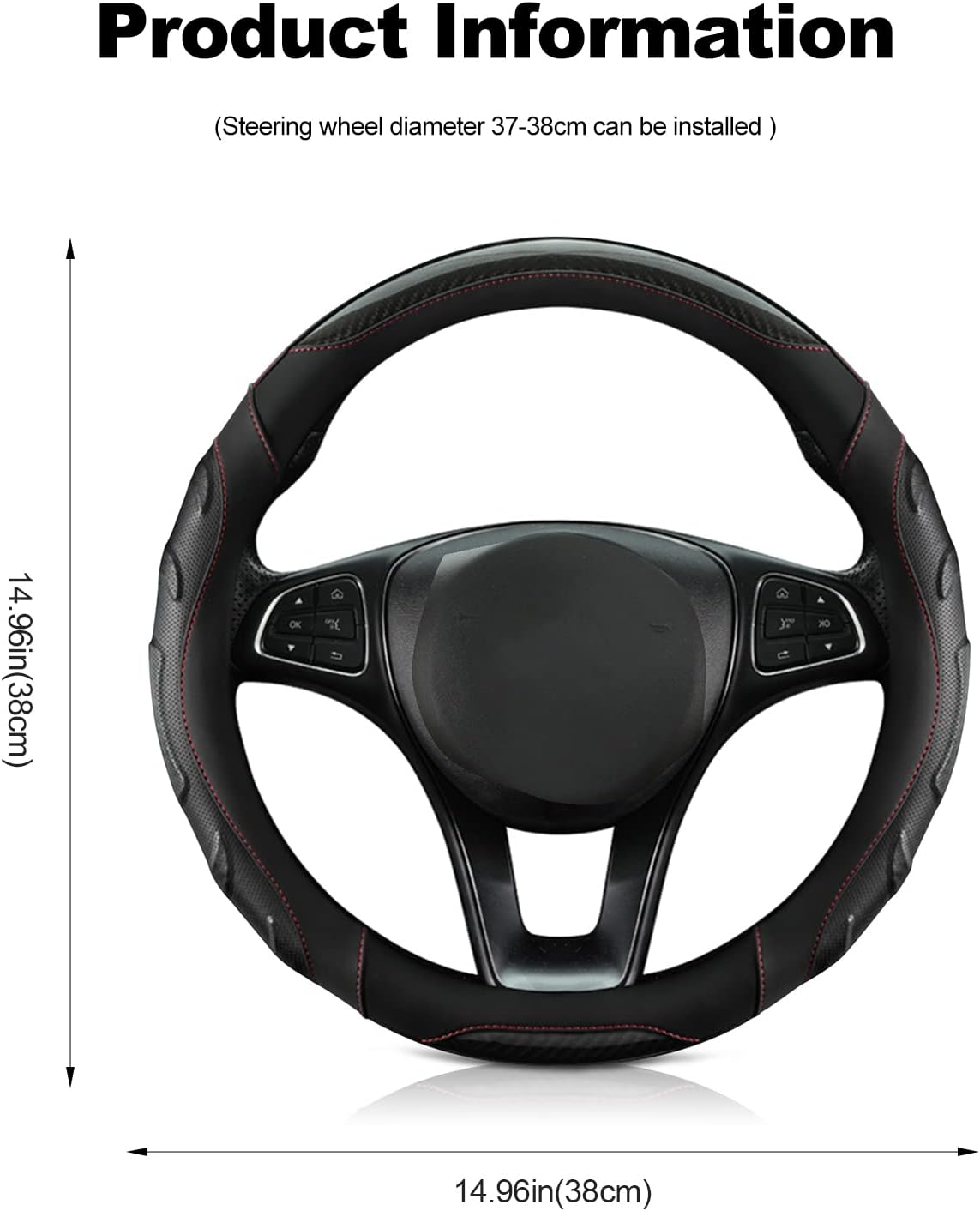 Ergocar Round Shape Sporty Steering Wheel Cover, Breathable Anti-Slip Carbon Fiber & Microfiber Leather Car Steering Wheel Protector Luxurious Fashionable 38cm(15"), Black