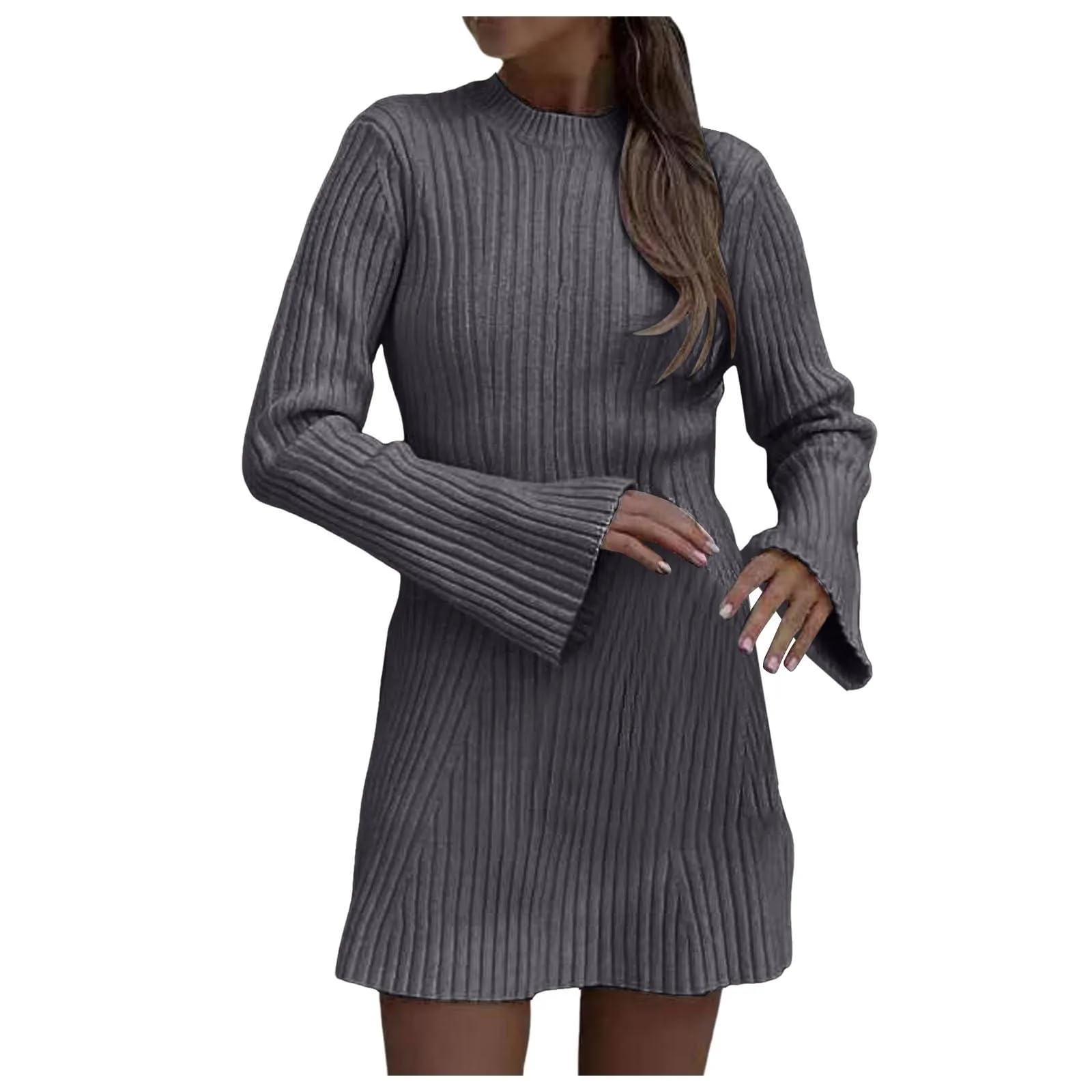 Sukienka Sweterkowa Dla Kobiet - Elegancka Damska Solidna Dzianinowa Mini Sukienka Modna Z Długim Rękawem, Dekoltem W Serek, Seksowne Sukienki Jesienno-Zimowa Damska Sukienka W Kształcie Litery A