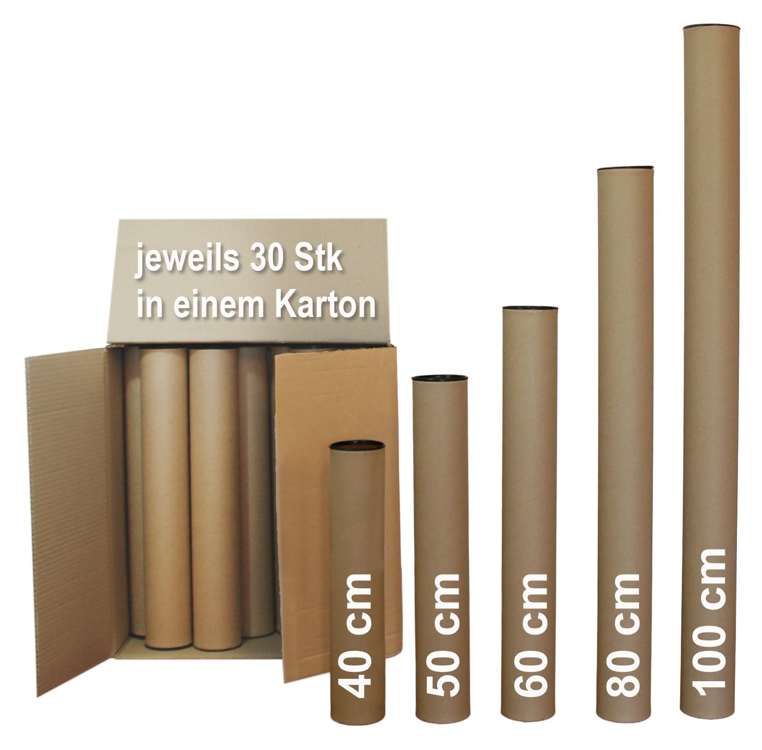 30 Versandhülsen 40 bis 100 cm Länge Durchmesser 8 cm Versandrolle Kartonhülse Papierhülse, Hartpapierhülse Papprolle Kartonrolle bis DIN A1+ (40 cm Länge)