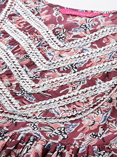 Image of anubhutee Women's Cotton Mauve Gota Patti Floral Printed A-Line Kurta Suit Set with Sharara and Dupatta