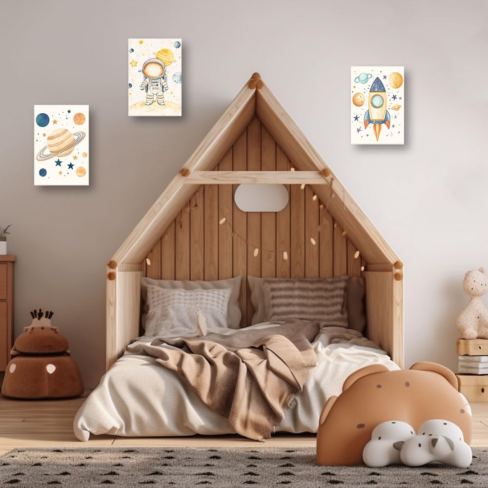 CCWACPP 3 paneles de decoración de pared de astronauta, lienzo de astronauta, impresión de planeta, cohete, obra de arte de astronauta, habitación de niños y niñas, decoración enmarcada (28 x 35 cm)