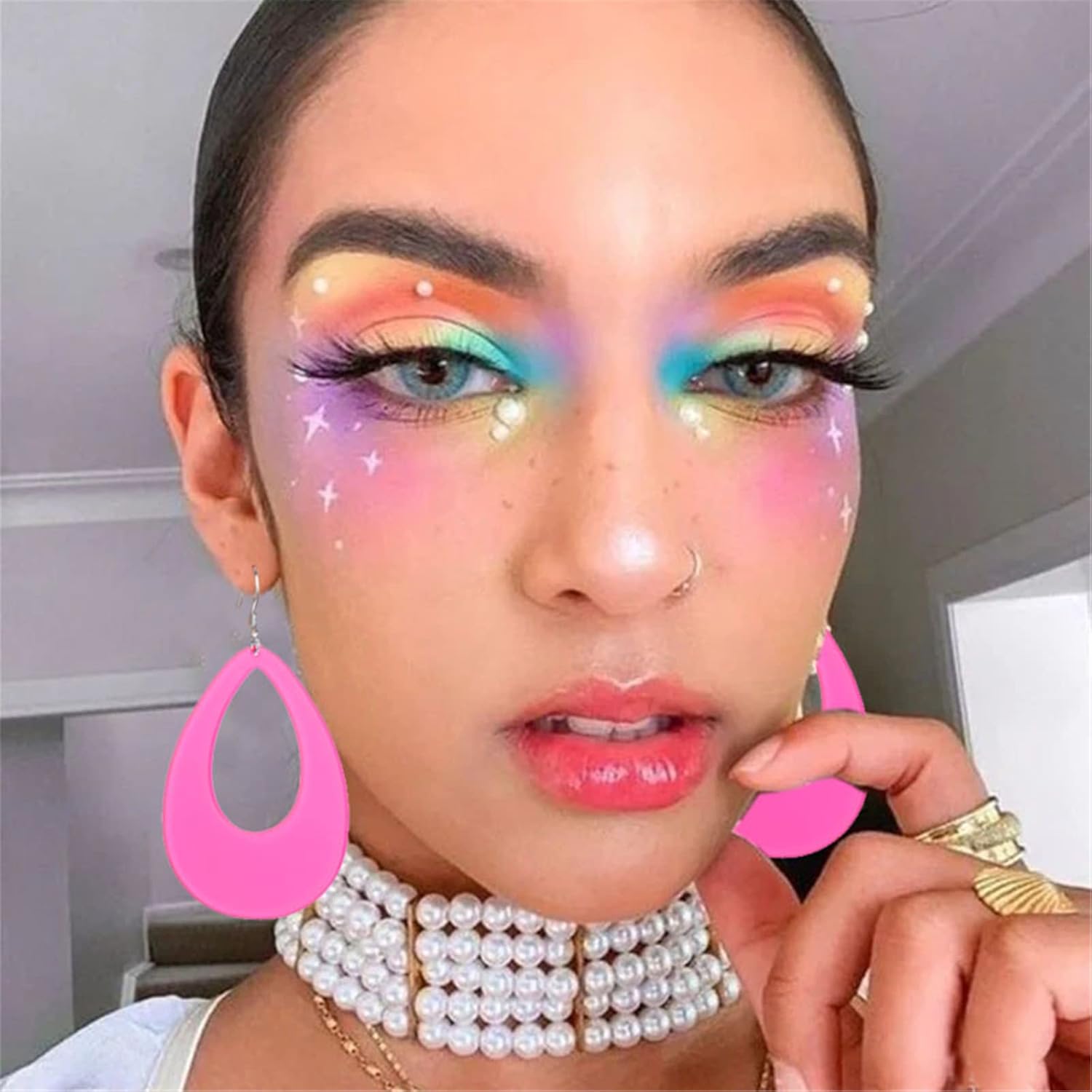 Dreuyet 6 Pairs 80s Classic Big Earrings Acrylic 90s Retro Neon Earrings Acrylic Geometry Oval Waterdrop Earrings for Women Statement Earrings Colorful Retro Costume Jewelry - Image 2