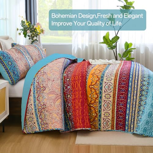 WONGS BEDDING Zestaw kołder w stylu boho, wzór w paski na każdą porę roku, miękka mikrofibra boho narzuta na łóżko 230 x 240 cm (3 sztuki, Queen)