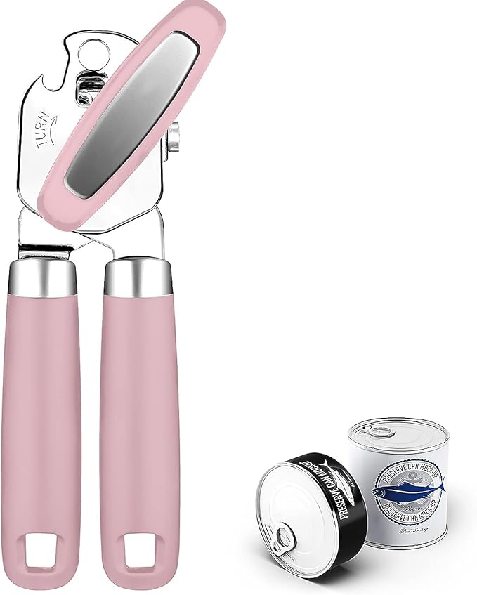 Can Opener,Professional 3-In-1 Multifunctional Manual Can Openers Bottle Opener,Kitchen Durable Stainless Steel Heavy Duty Can Opener Smooth Edge for Kitchen Seniors Friendly (Pink)