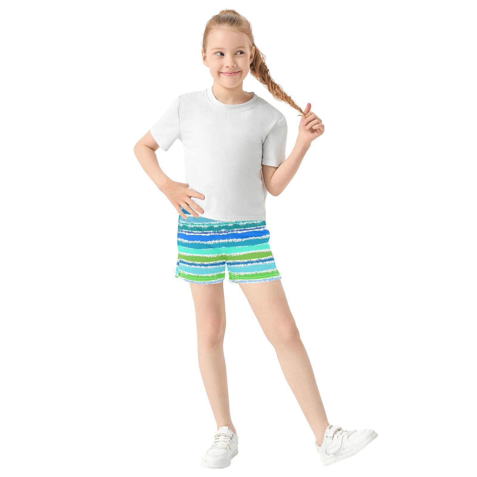 pnyoin Girl's Shorts Abstract Sea Stripes Athletic Running Shorts with Pockets Size 9-10t Multi