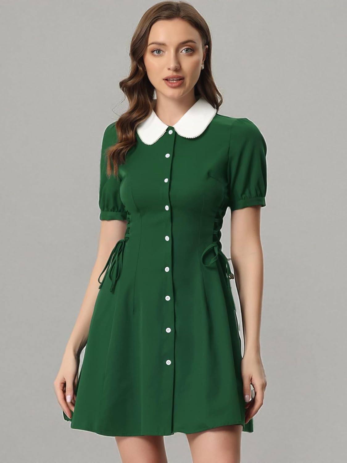 Allegra K Women's Vintage Peter Pan Collar Lace Up Button Down A Line Dress - Image 6