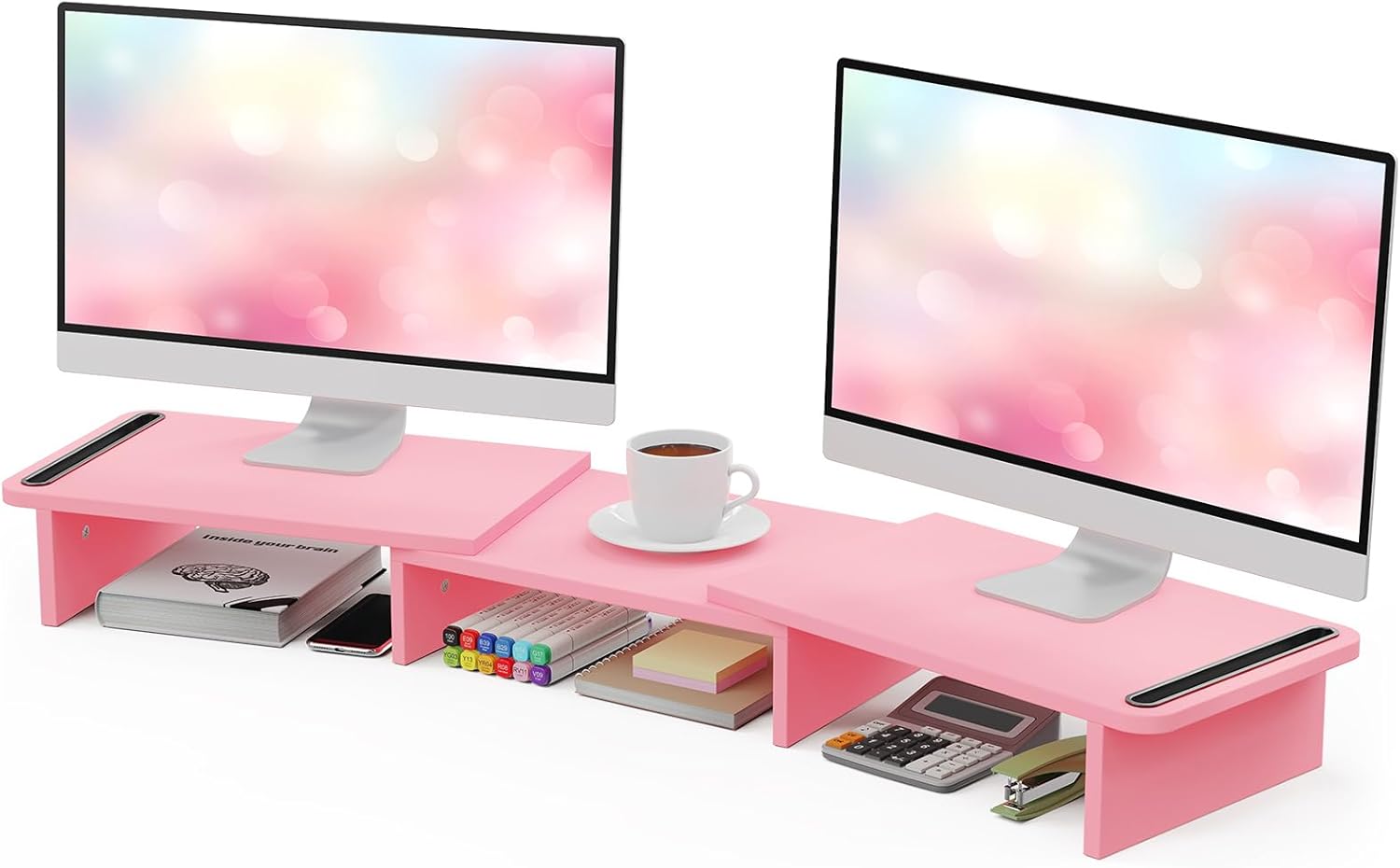 Zimilar Dual Monitor Stand Riser, Monitor Stand with Adjustable Length and Angle, Wood Monitor Stand for Desk, Monitor Riser for 2 Monitors with Storage Space Pink