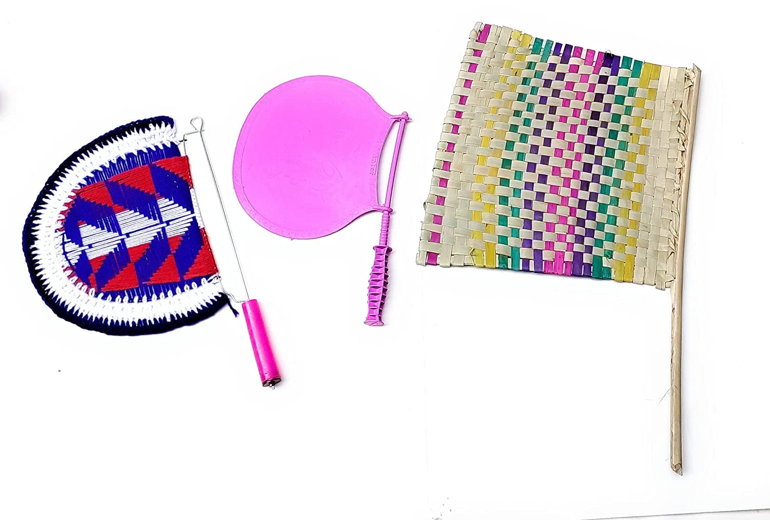 Handmade Crafting Fan 3 Different Fans/Bena for Summer Season Combo Bamboo Stick, Hand Knitted, Plastic Handfan Bena Beejna Pankha Handheld for Natural Cooling Air Home Decor and Travel use(Set of 3) 3