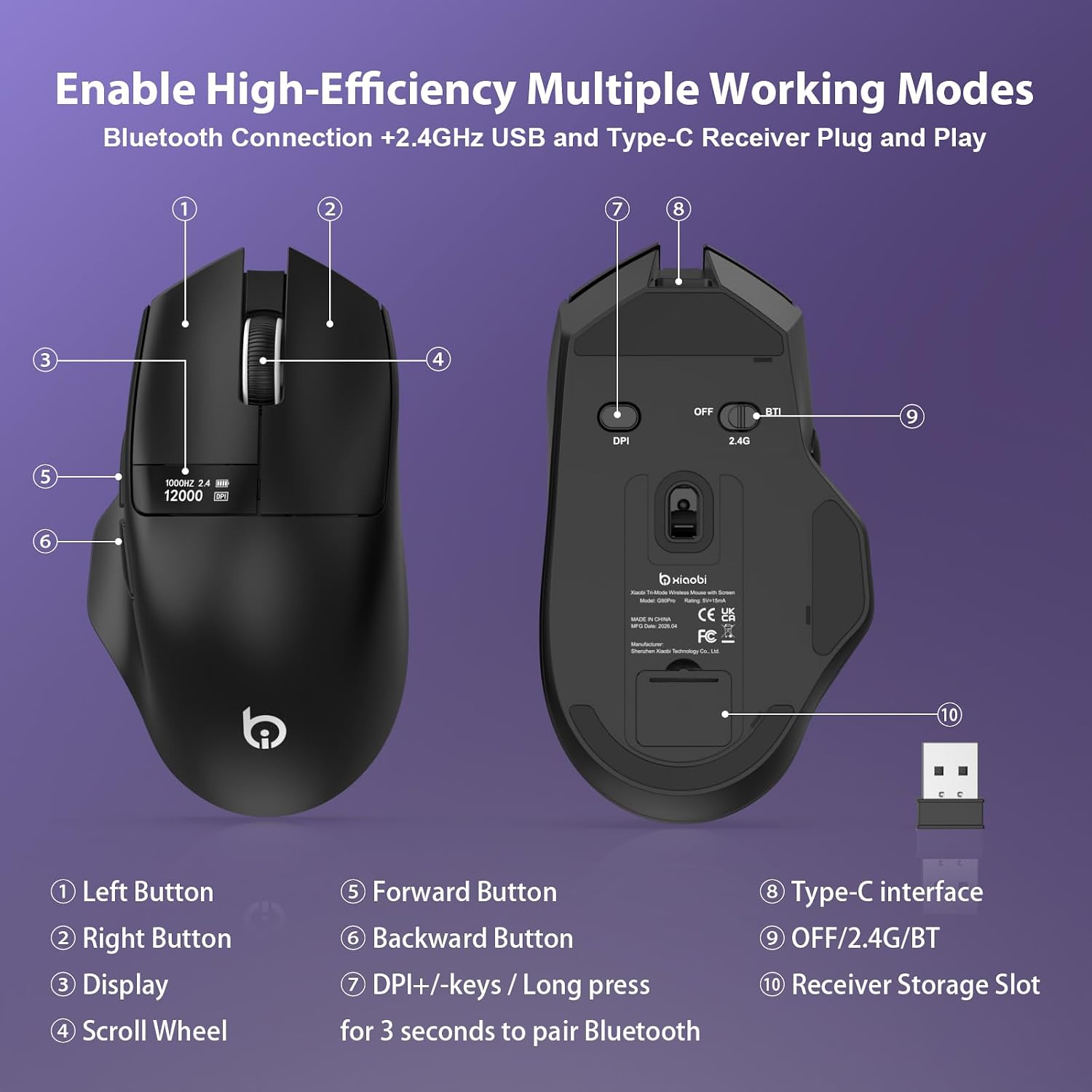 G9Pro Wireless Bluetooth Mouse with LED Screen Display | 12000 DPI Computer Mouse with 6 Adjustable DPI, Wired/BT1/2.4G Tri-Mode, Type-C Rechargeable, Lightweight & Office Use for PC 6 61DthWnVCML. AC SL1500