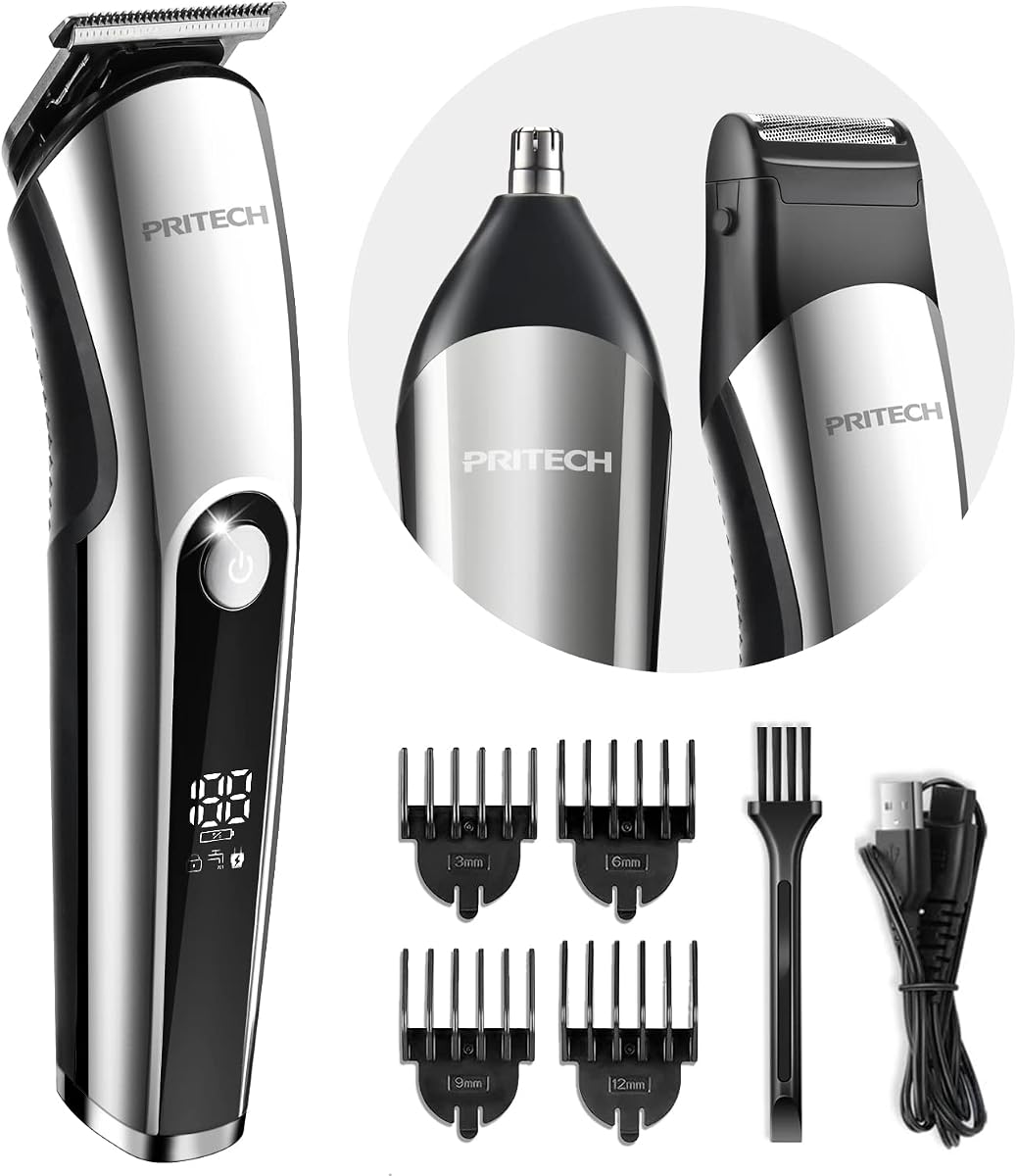 PRITECH Cordless Beard Trimmer for Men, 3-in-1 Grooming Kit, USB Charging | for Face, Head & Body, IPX6 Wet/Dry, Rechargeable, Nose & Ear Trimmer, Foil Shaver, Stainless Steel Blades, LED Display
