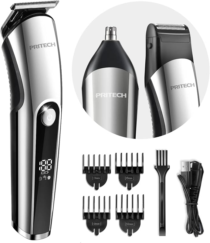PRITECH Cordless Beard Trimmer for Men, 3-in-1 Grooming Kit, USB Charging | for Face, Head & Body, IPX6 Wet/Dry, Rechargeable, Nose & Ear Trimmer, Foil Shaver, Stainless Steel Blades, LED Display