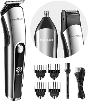 PRITECH Beard Trimmer for Men, 3 in 1 Hair Clippers for Men Kit, Nose,Ear,Micro Electric Shaver, Mens Grooming Set Cordless with LED Display IPX6 Waterproof Silver