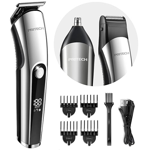 PRITECH Beard Trimmer for Men, 3 in 1 Hair Clippers for Men Kit, Nose,Ear,Micro Electric Shaver, Mens Grooming Set Cordless with LED Display IPX6 Waterproof (Silver)