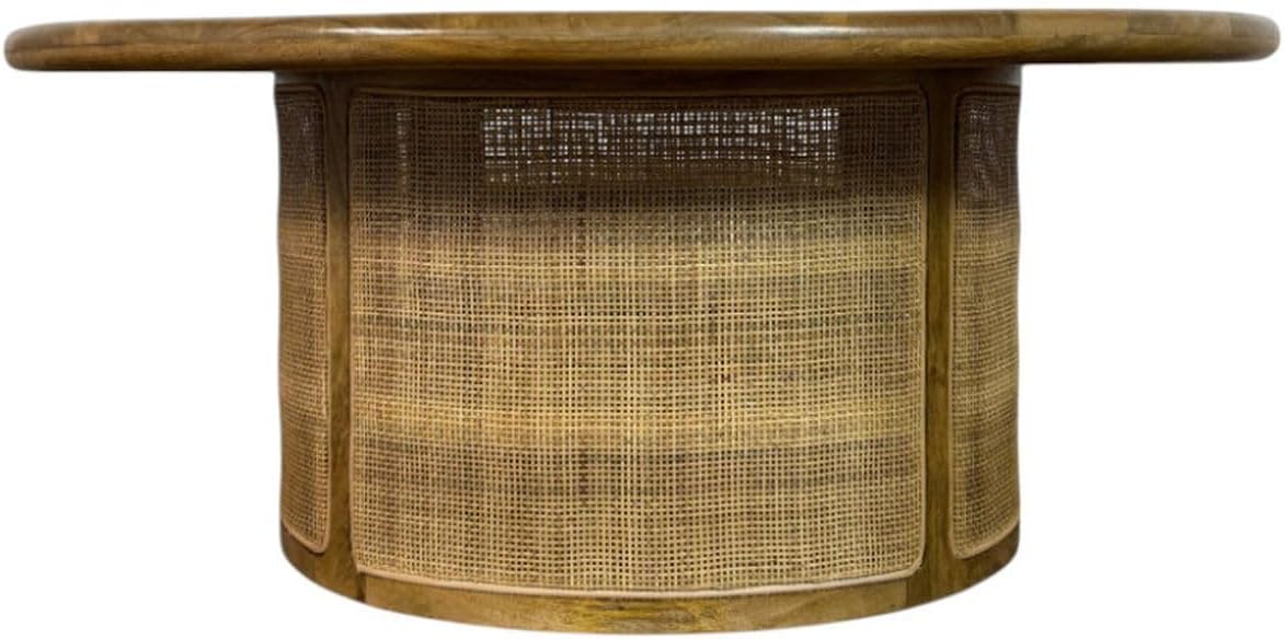 Carolina Chair & Table Marlowe 40" Drum-Style Coffee Table – Solid Blonde Acacia Wood Top with Handwoven Cane Drum Base Table – Compact Round Accent Furniture for Living Room, Bedroom, Office Decor