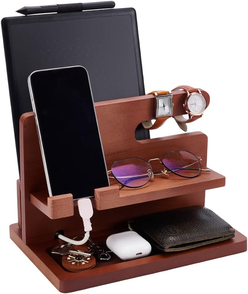 UNICRAFTALE 25.9x18.6x18cm Wood Mobile Phone Holders Wood Phone Docking Station Saddle Brown Nightstand Charging Organizer and Cell Phone Stand for Men