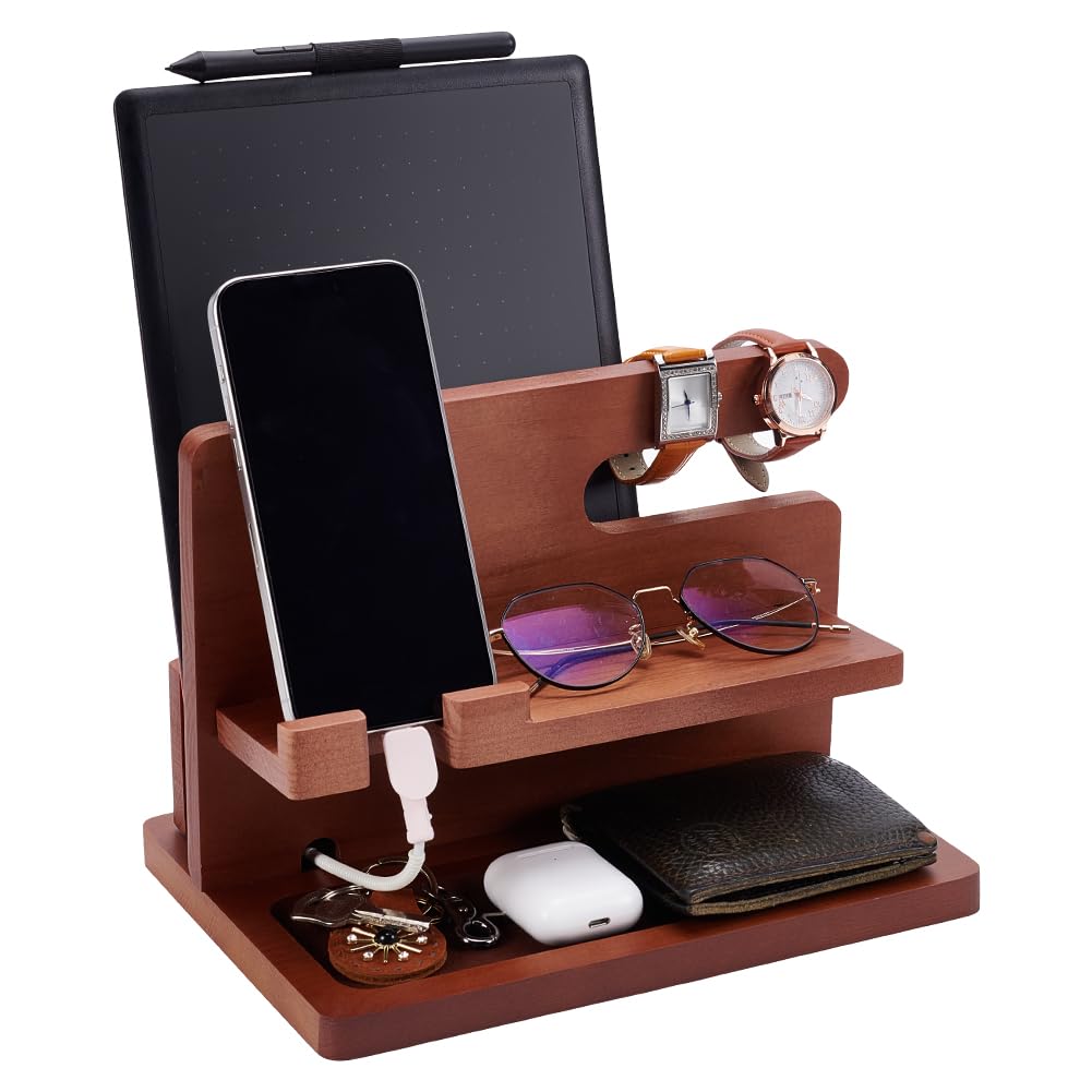 UNICRAFTALE 25.9x18.6x18cm Große Handyhalter Holz Telefon Dockingstation Holz Sattelbraun Nachttisch Lade Organizer Und Handyständer Für Männer Vatertagsgeschenke