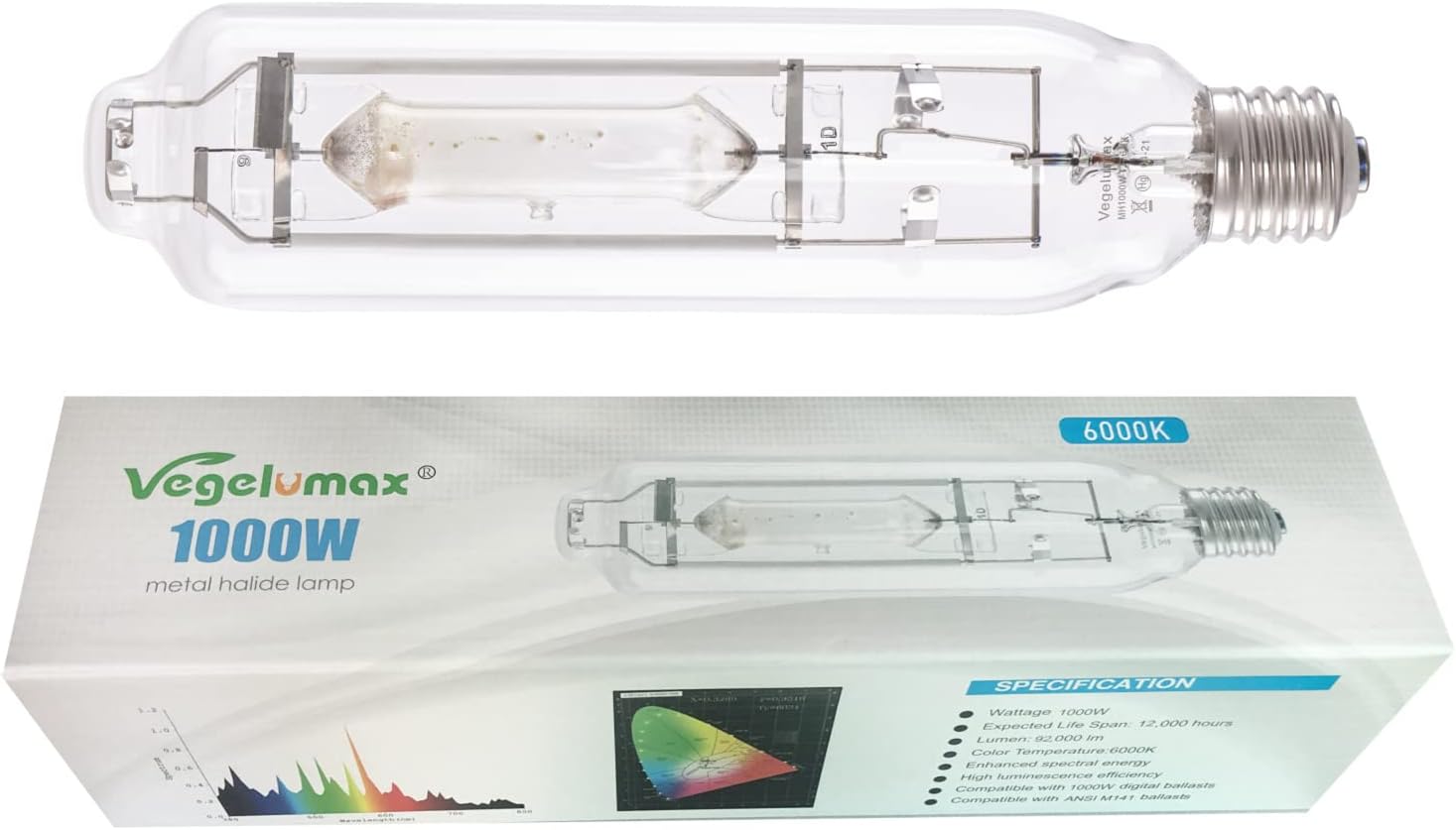 MH 1000W Metal Halide Single Ended HID Grow Light Bulb Lamp High PAR Enhanced Blue and Violet Spectrums for Hydroponic Horticulture Vegetative Growth,CCT 6000K,92,000Lumens,E39 Base