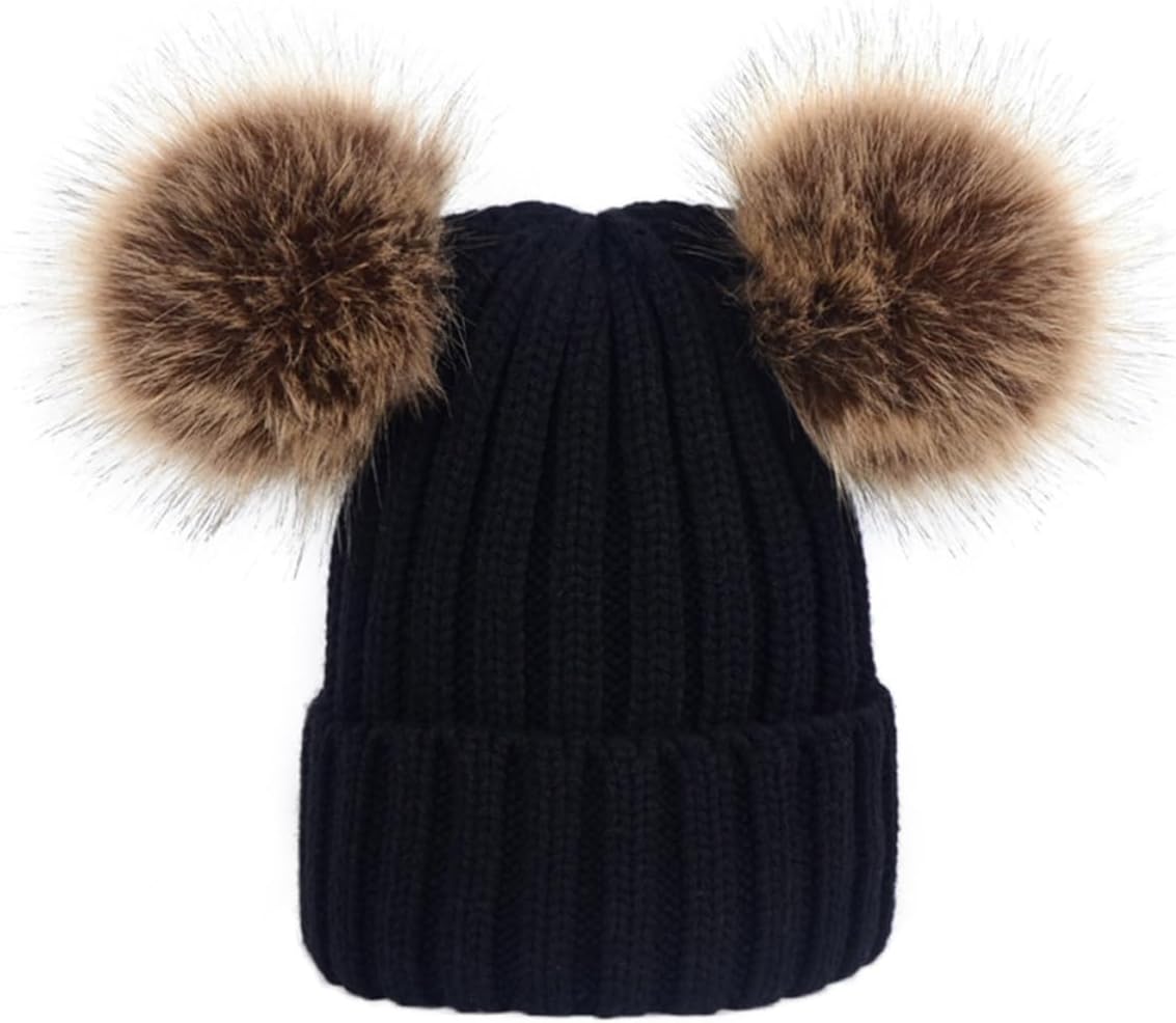 Garneck Winter Knitted Woolen Hat with Two Fluffy Balls for Boys and Ages 0-6, Black Warm Hat for Outdoor Activities and Autumn