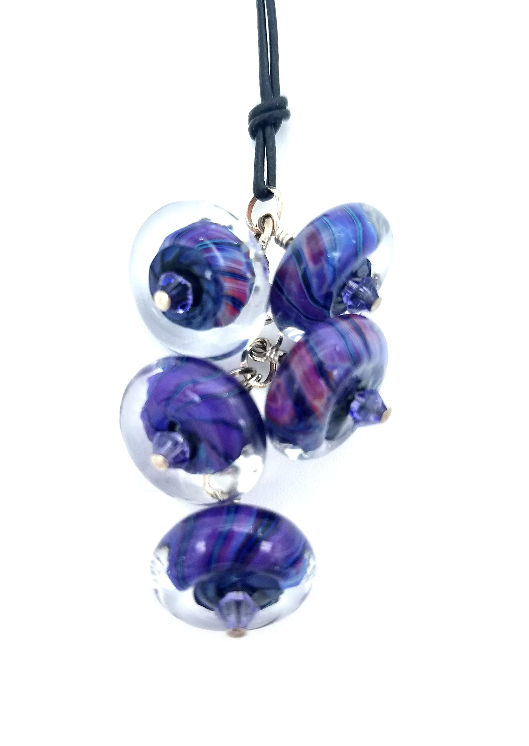 Purple Striped Silver Glass Artisan Lampwork Disc Bead Cluster Necklace with High Quality Crystal Accents on Sterling Silver Chain and Leather Cord