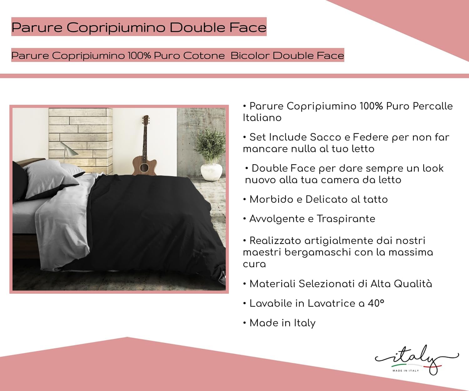Riad Arredo Set Copripiumino Morbido 100% Puro Cotone Italiano Tinta Unita - Parure Double Face Sacco Piumino con Federe Made in Italy (Nero - Grigio, Matrimoniale 250x240 + 2 federe 52x82)