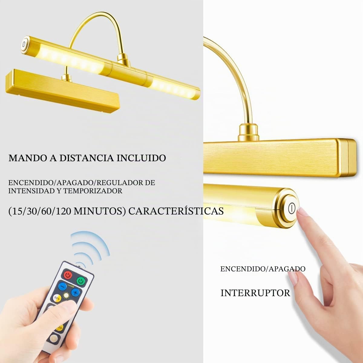 BIGLIGHT Aplique Pared Baño, Luz de Pintar con Mando a Distancia, Brazo Oscilante Regulable de 180°, Marco para Interior, Pantalla LED para Cuadros y Obras de Arte - ORO