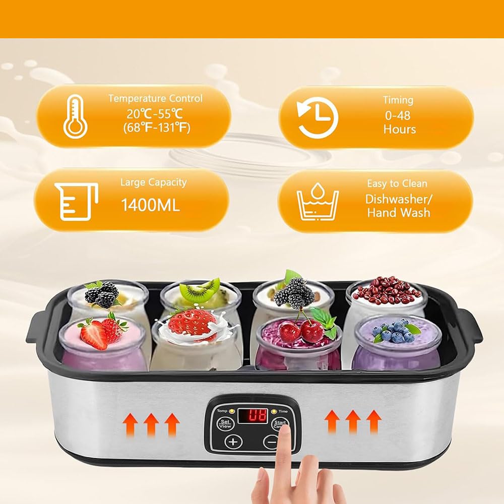 Yogurtiera Elettrica in Acciaio Inox con 8 Vasetti in Vetro, Display a LED, Temperatura Regolabile e Timer, per Preparare Il Natto Biologico