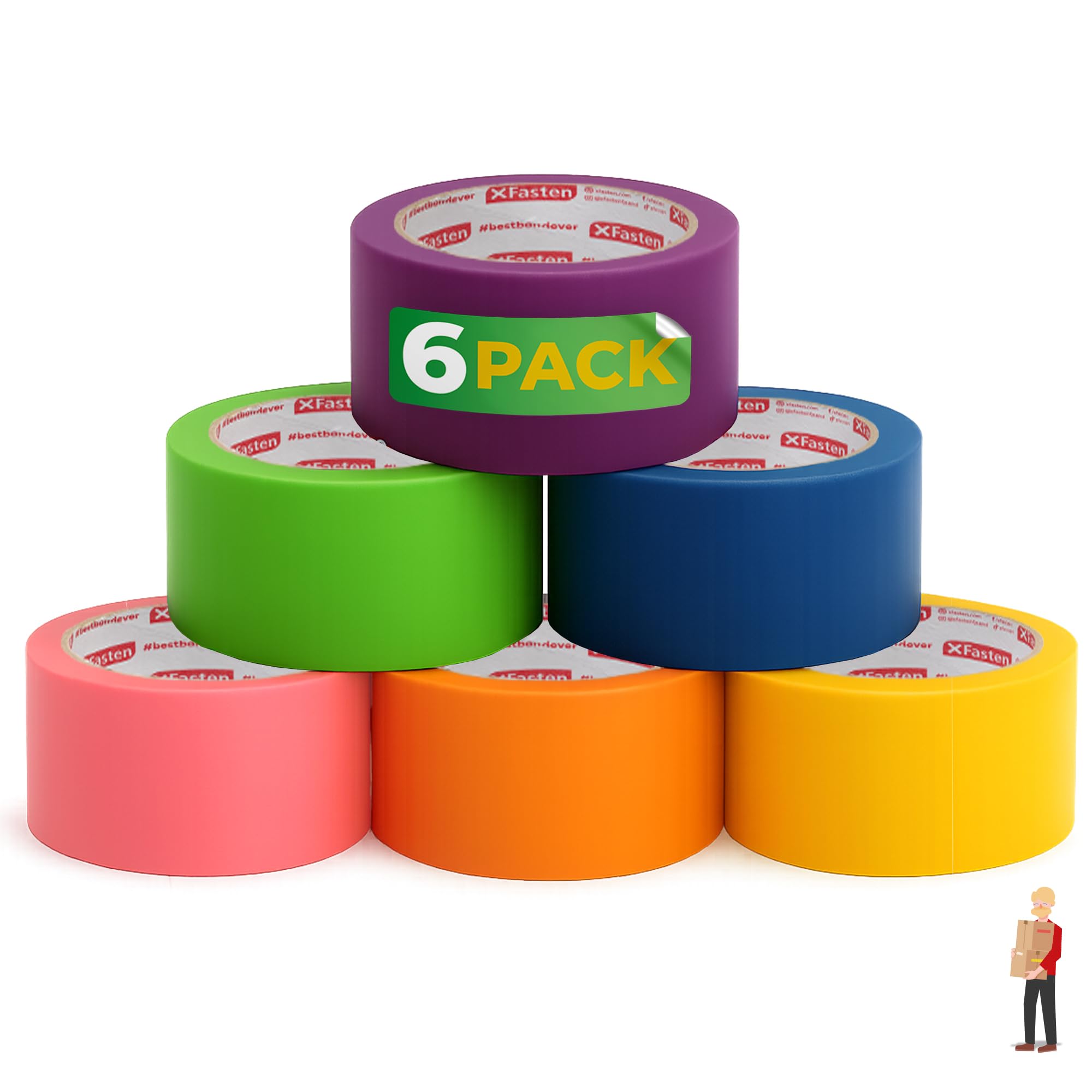 XFasten Rainbow Colored Duct Tape Heavy Duty 6-Pack 15 Yards x 2 Inch, Colored Duct Tape Variety Pack Bulk, Waterproof, Vibrant Colors, Easy Tear,