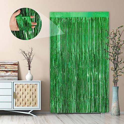 Image of Green Party Streamers 2Pack Foil Fringe Curtains 3.3 x 8.3ft Door Streamers Metallic Tinsel Curtain New Year Party Decors Glitter Streamers Decors Photo Booth Tinsel Streamers Birthday Party Decors