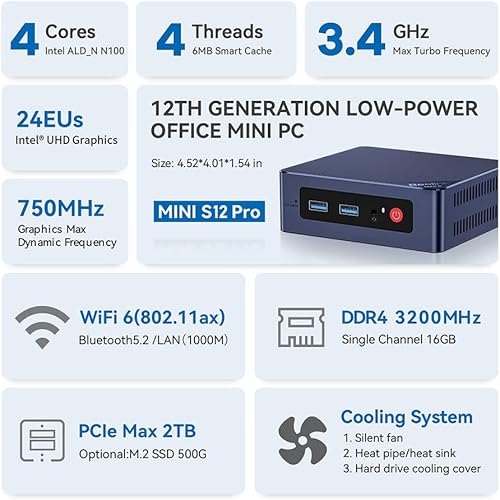 Miniatura 3 de Beelink Mini PC, Mini S12 Mini computadora 12ª generación Quad-Core N100, computadoras de escritorio 16G DDR4 RAM 500G SSD, PC pequeña 4K UHD Dual