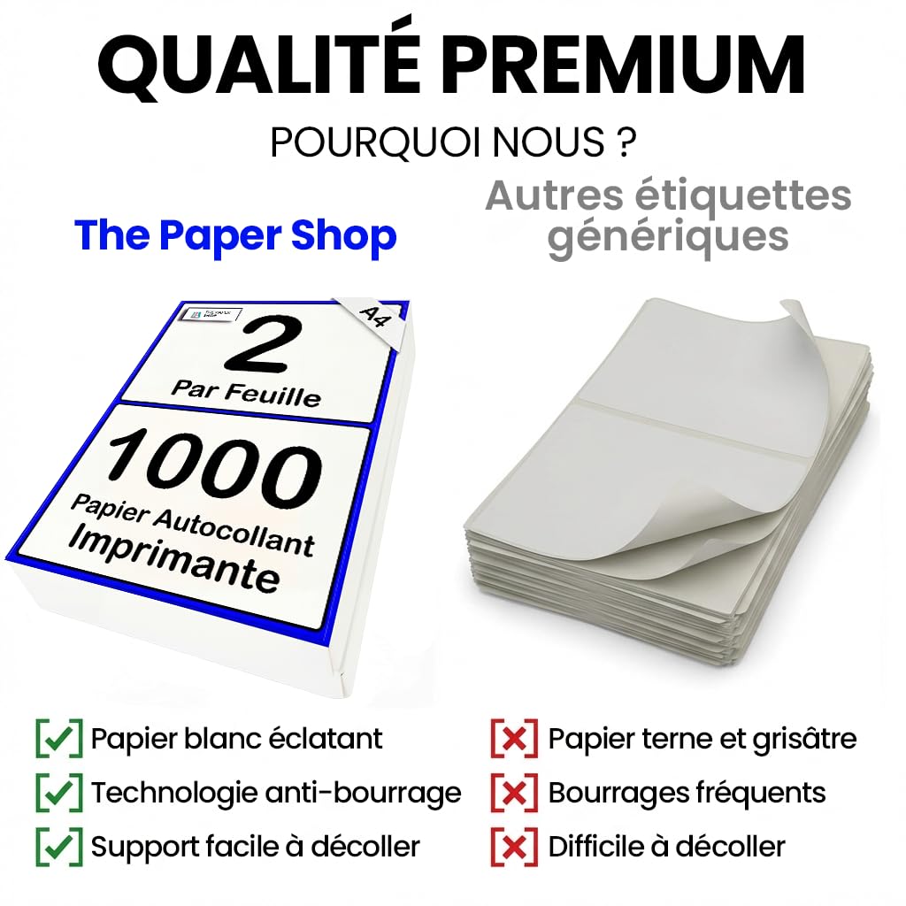 Lot de 1 000 étiquettes autocollantes blanches pour imprimante A4, 2 par feuille | Imprimante adhésive A5, 2 par feuille d'étiquettes d'adresse | Étiquettes d'adresse pour imprimante laser, 2 par