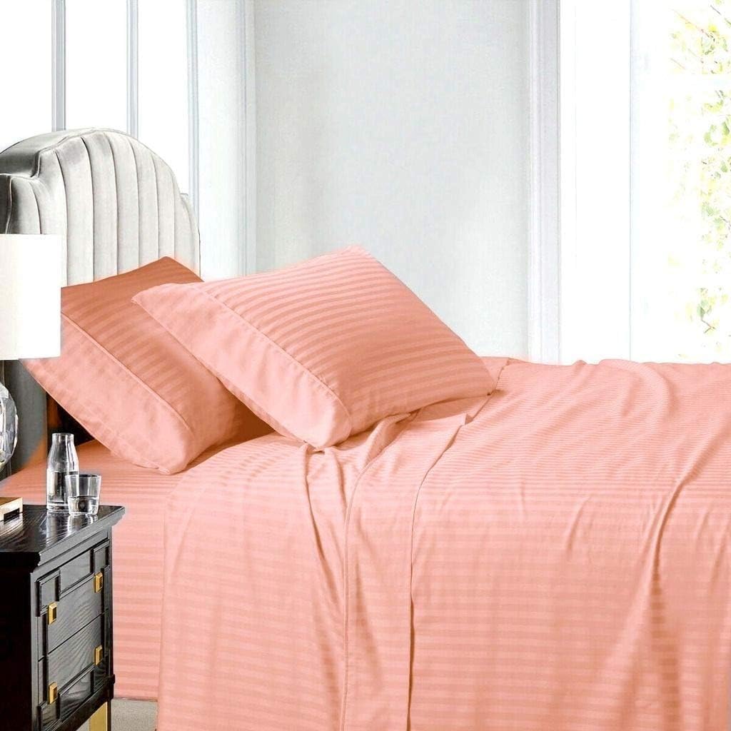 1000Thread Count Extra Long Staple 100% Egyptian Cotton Sheet Set,Sateen Weave, Hotel Quality Soft Luxury Bedding, King Size 4 Piece Sheet Set Fit 15" Inch to 18" Deep Stripe Peach