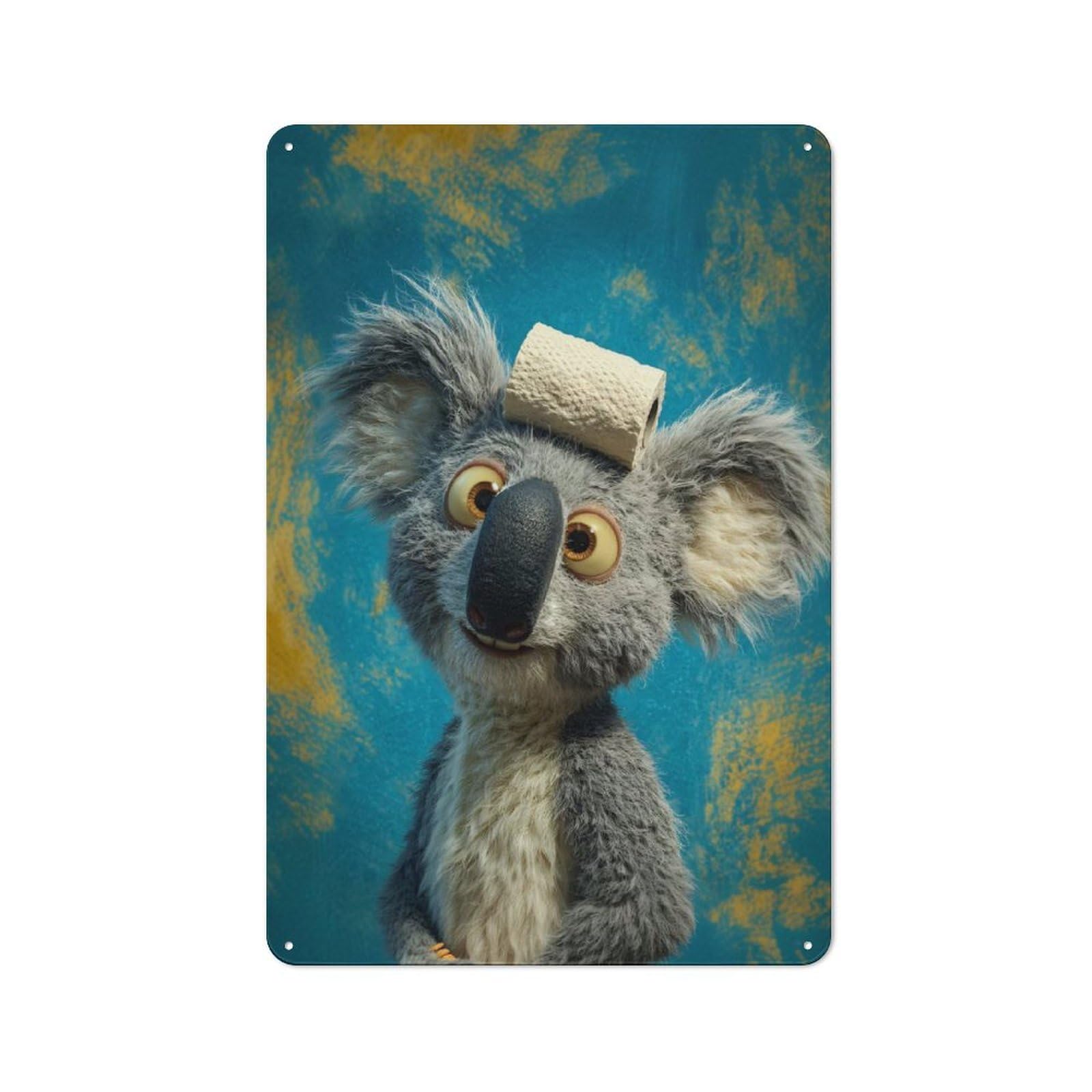 Junmoney Style Tin Wall Plaque 30X20cm With Koala With Toilet Paper On Head For Hallway Wall, Suited To Hallway Decor Lovers, For Retro Home Interiors