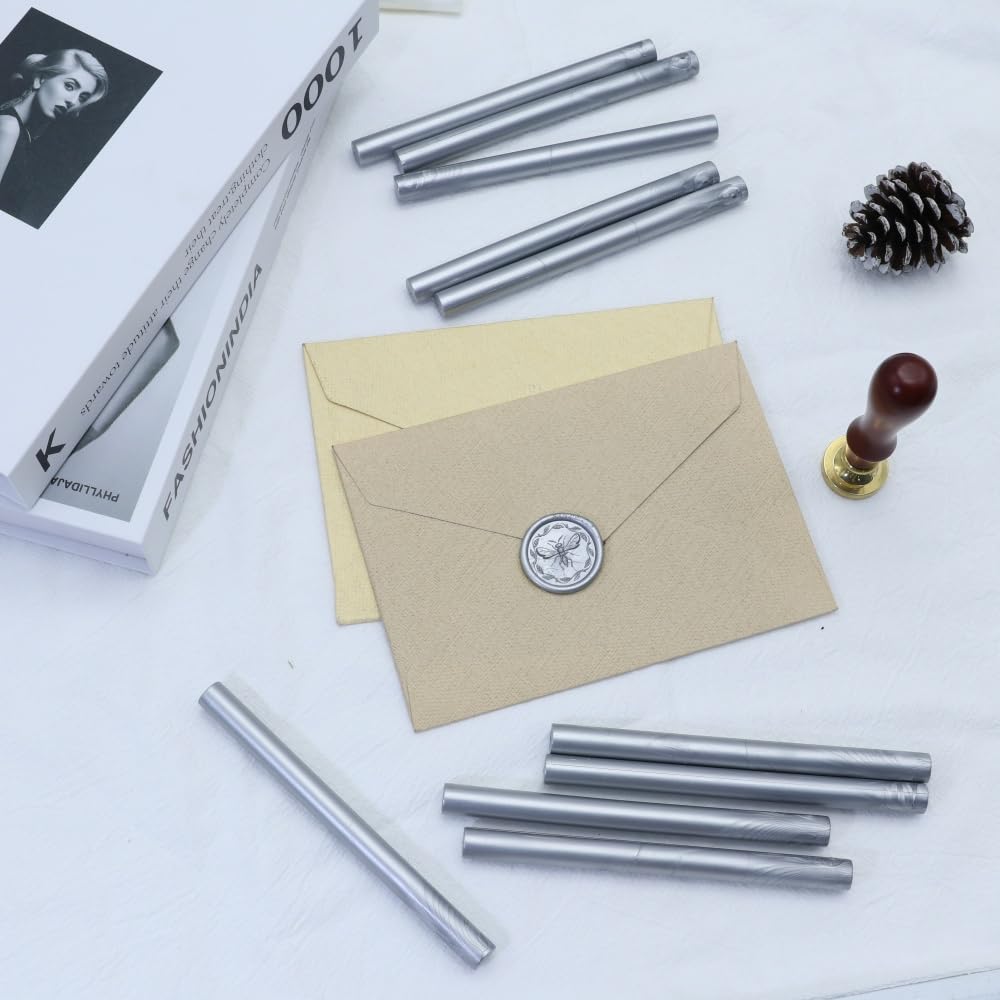 1,1 cm Cera de palos, Atopbb Silver Wax Stick 10 unidades pistola de pegamento para sellos de cera, para cartas, tarjetas de felicitación, vino, manualidades, bodas y fiestas (plata)