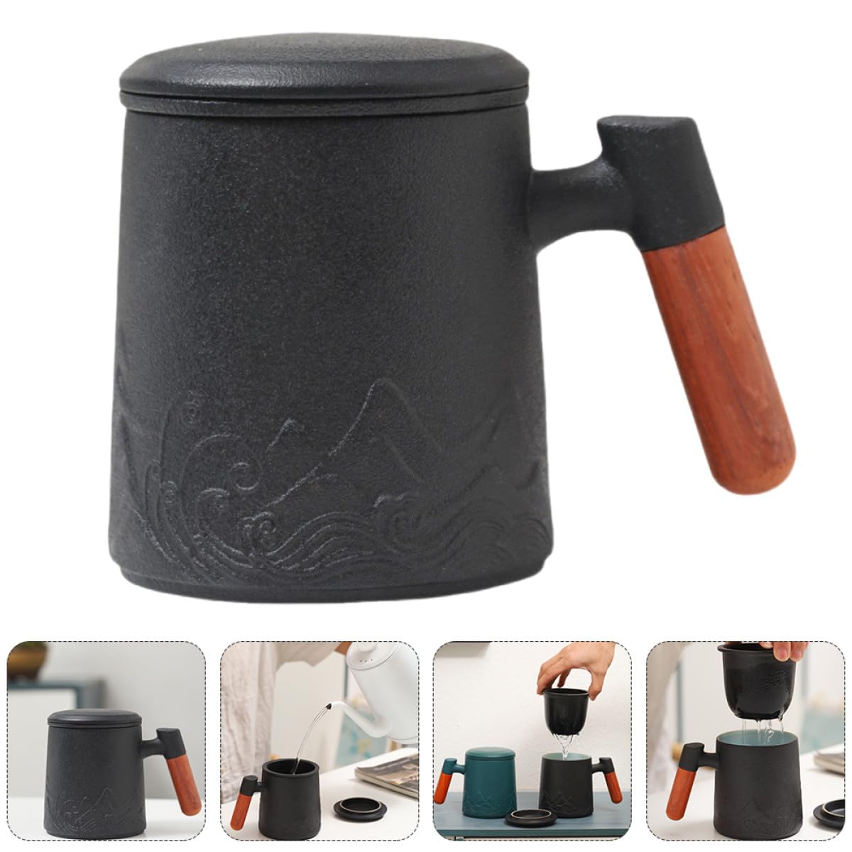 Mug en Céramique 400 Ml avec Anse en Bois et Couvercle, Tasse à Thé avec Infuseur Intégré, Mug à Café Lait pour Bureau et Maison, pour Infusion et Boissons Chaudes