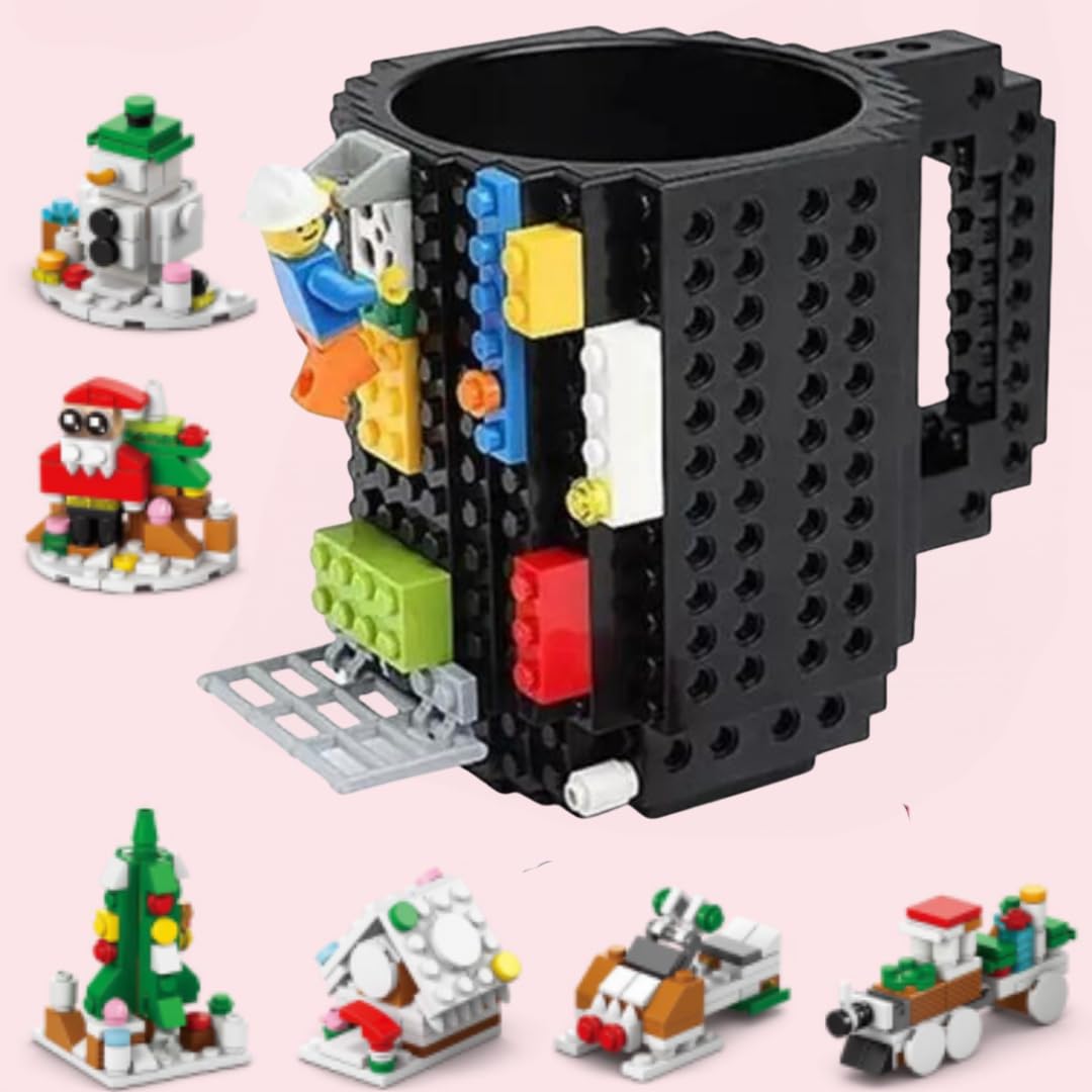 ITSIN. DIY Building Blocks Drinking Mug with Christmas Igloo Blocks Set 307pcs Fun Toys Gift for Kids Office Pen Pencil Organizer 420ML (Black 307)