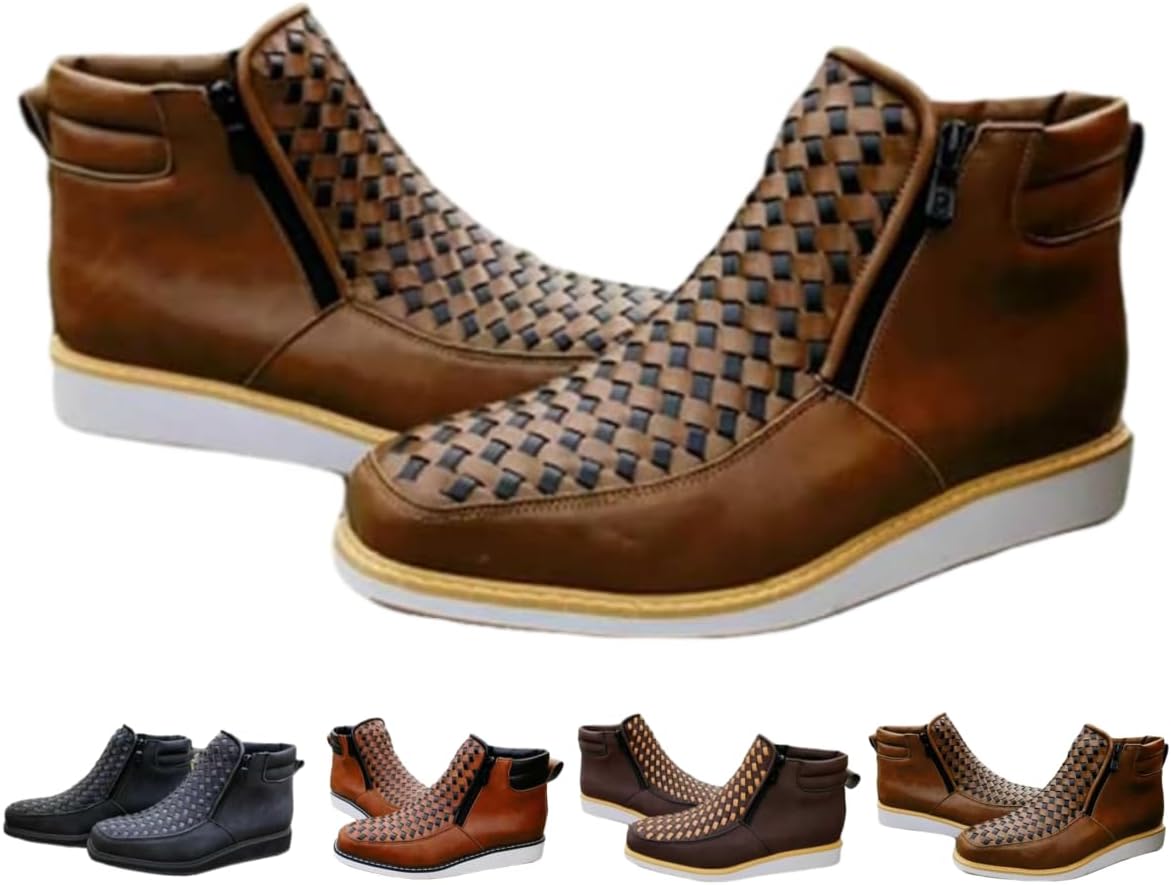 Handcrafted Western Cowboy Boots - Men's Square Toe Leather Hand-wove Work Cowboy Boot with Double Side Zipper