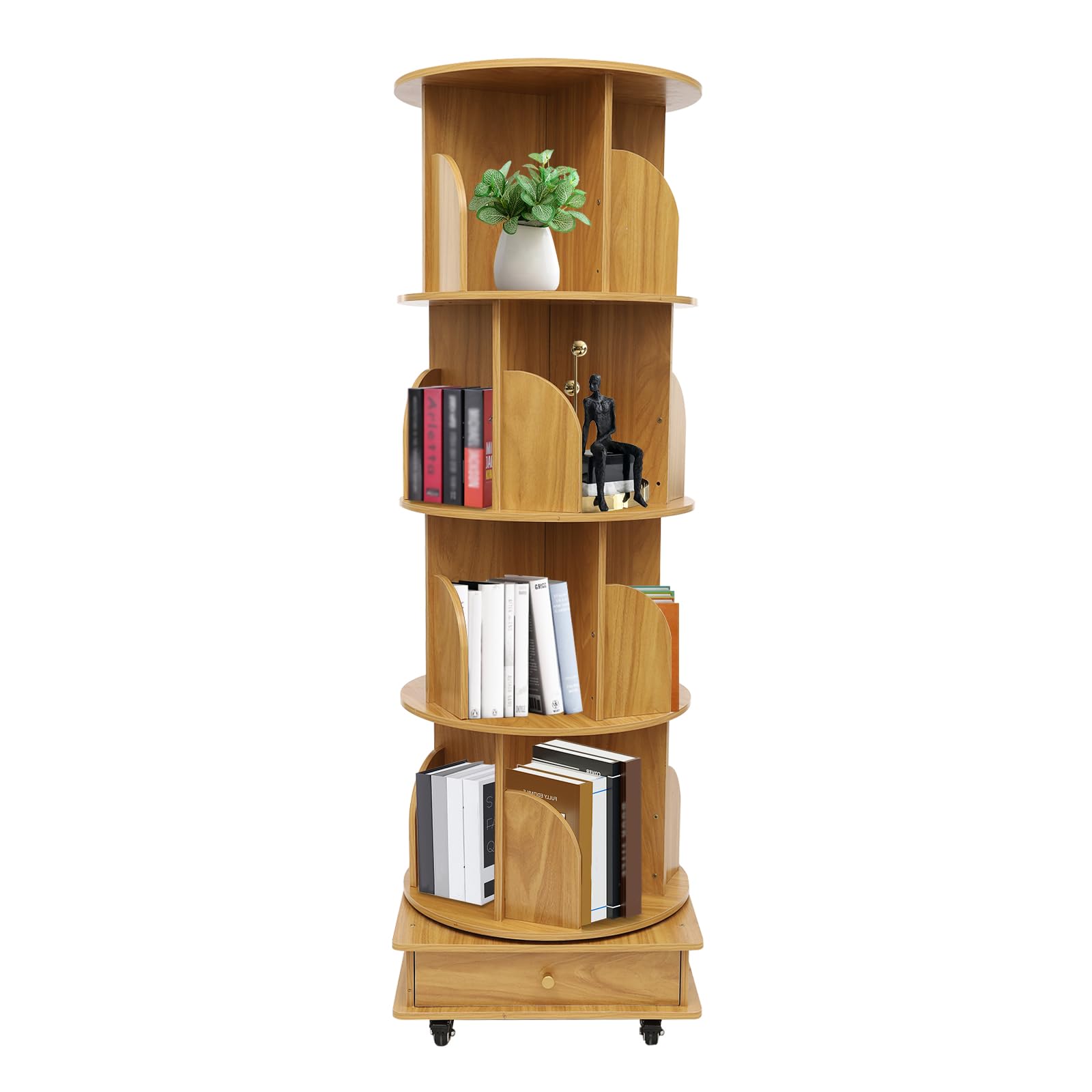 TkkMivcOC Estantería giratoria de madera maciza, estantería decorativa, estantería de oficina con ruedas, ruedas universales de 360°, con 4 niveles, estantería de oficina, estantería decorativa, 46 x