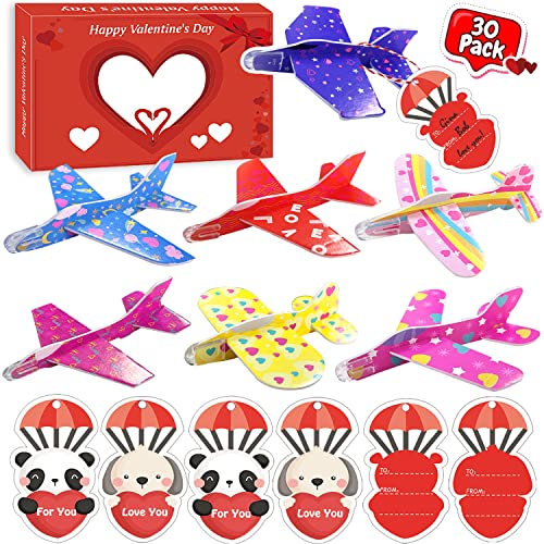 Valentines Day Gifts for Kids,30 Pack Valentines Greeting Cards with Foam Airplanes for Kids School Classroom,Outdoor Flying Toys,Exchange Gifts,Valentine Party Favor Glider Planes Game Prizes