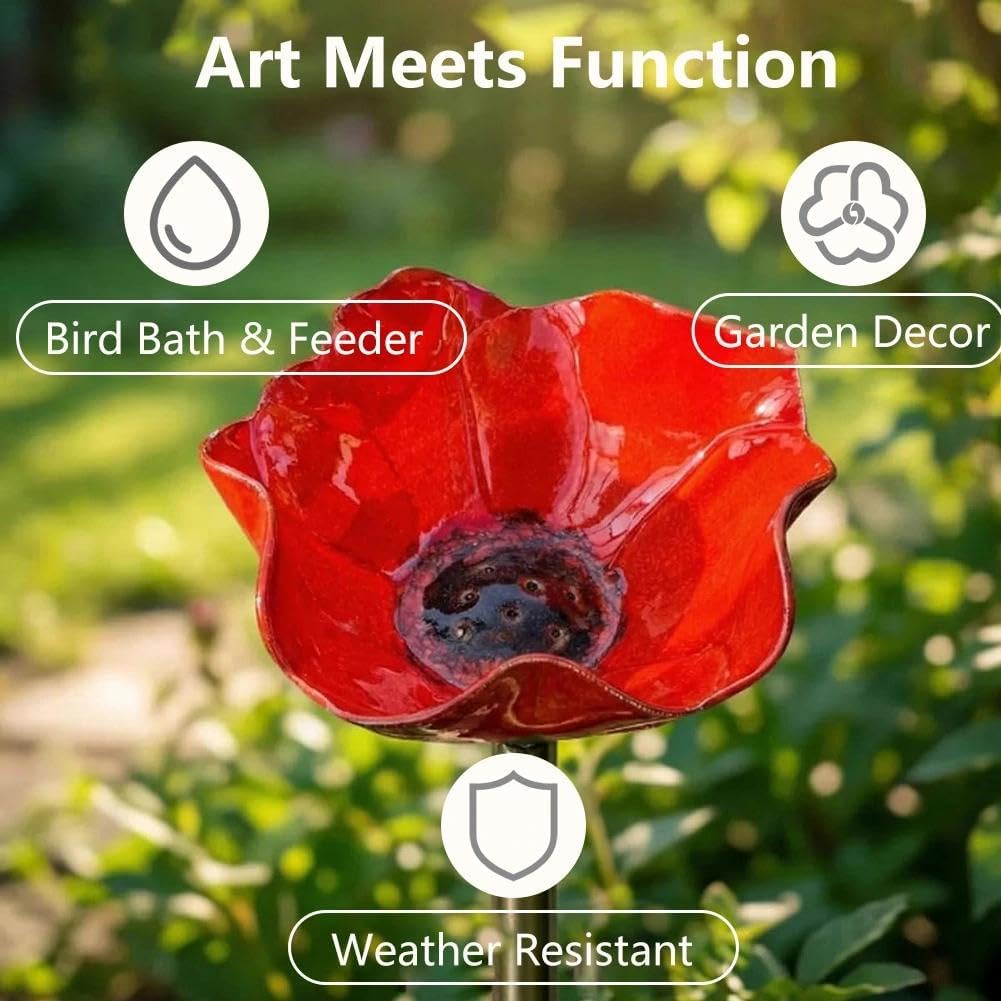 Metal Flower Garden Stakes with Bee Bath & Bird Water Bowl,Ollinator Watering Station,Hummingbird Bath Cup for Outdoor Yard Decor (2PC-RED)