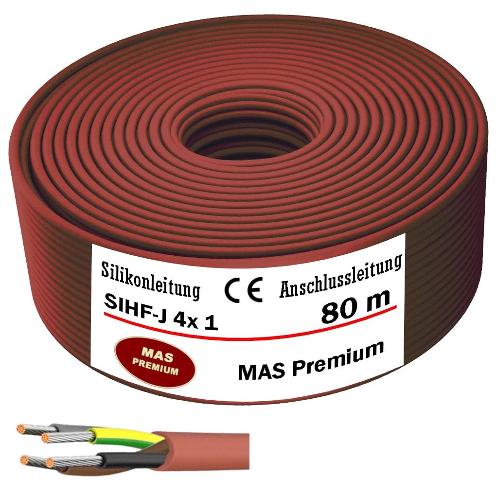 MAS Premium - Cable de conexión de silicona de 5 a 250 m para sauna SIHF-J - 4 hilos finos - Flexible para dispositivos de alta temperatura (80 m)