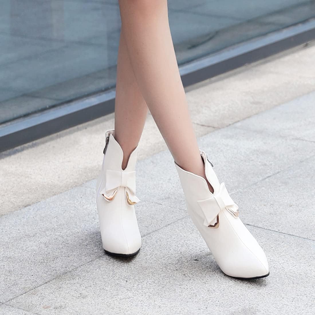 VOKLIN Women's Pointed Toe Bowtie Elegant Dressy Ankle Booties Zipper Stiletto Kitten Heel Dress Short Boots